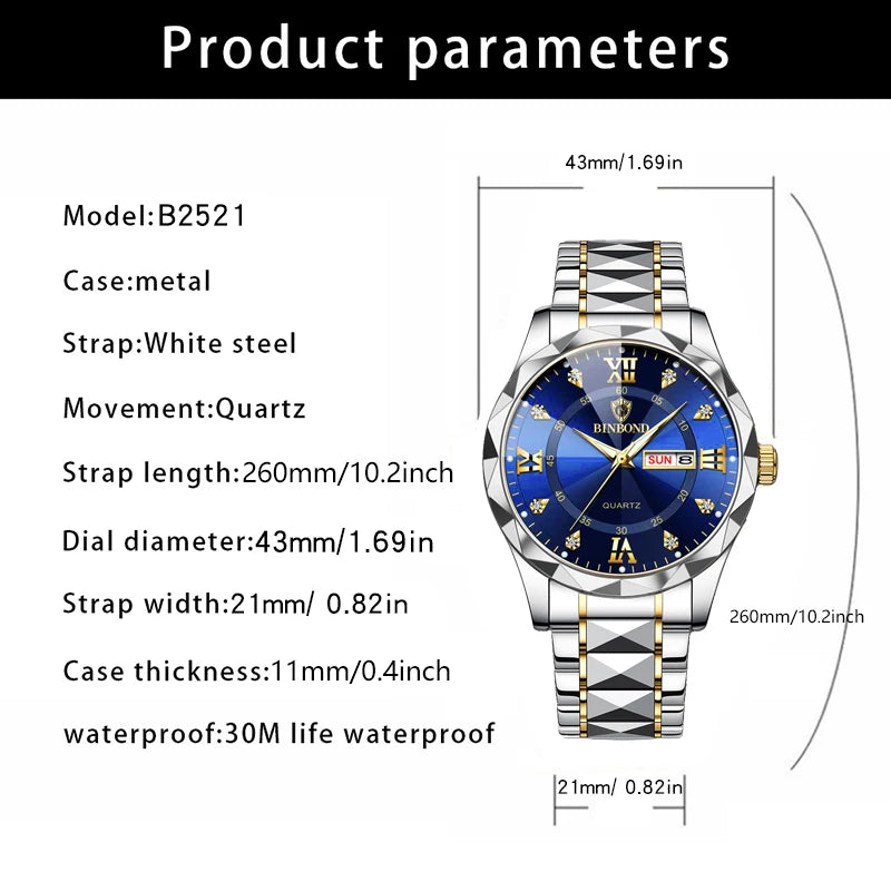 Luxury Quartz Waterproof Men's Watch with Week & Date Displays