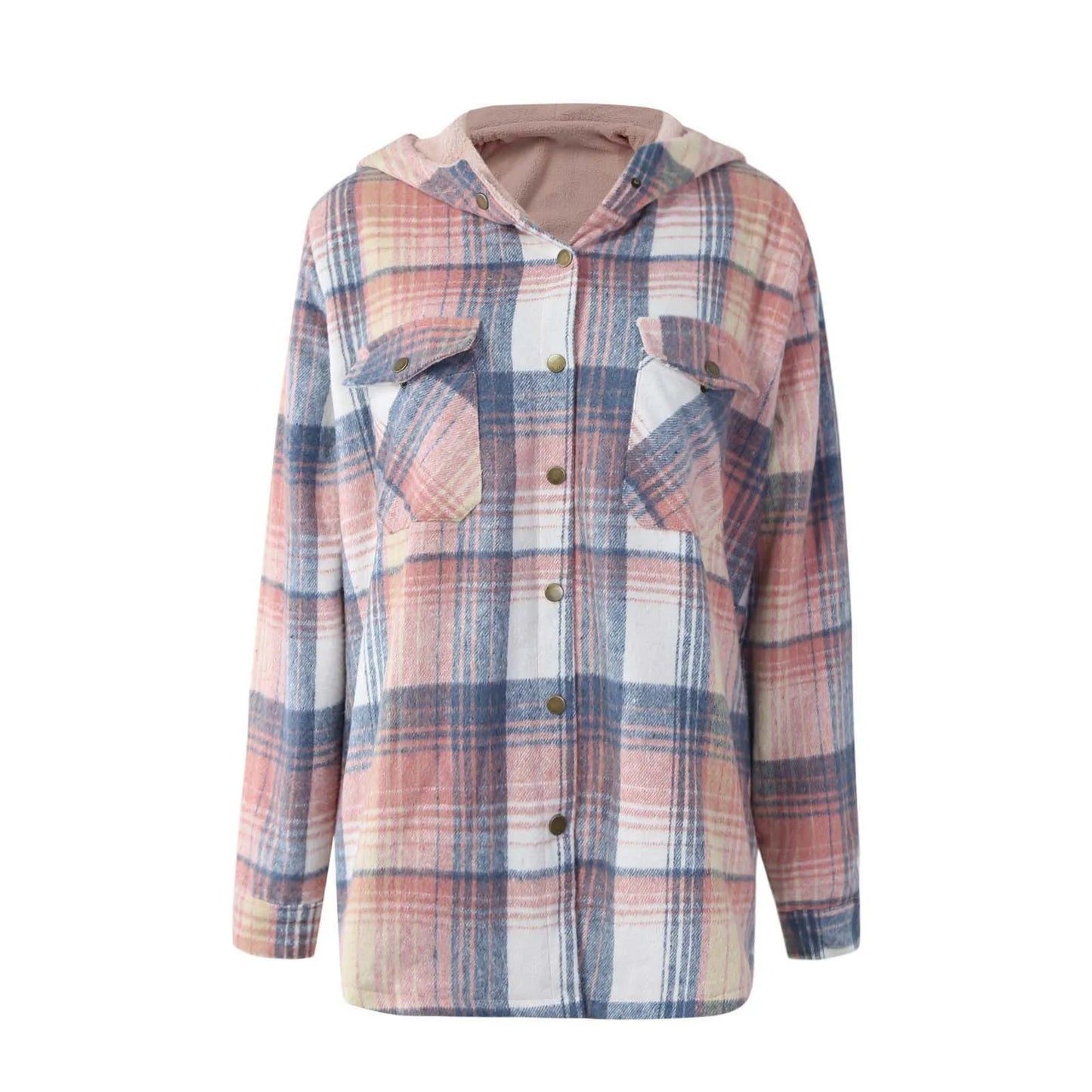 The Viral Women's Plaid Fleece Hooded Shacket- Pink