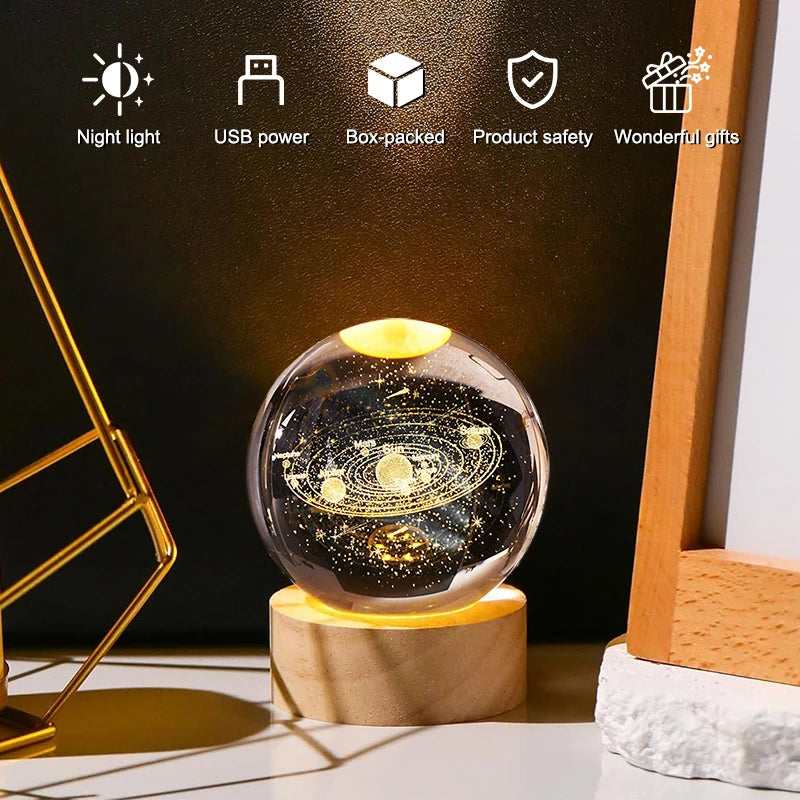 Luminous 3D Crystal Ball LED Night Light with Saturn, Moon, Galaxy or Solar System