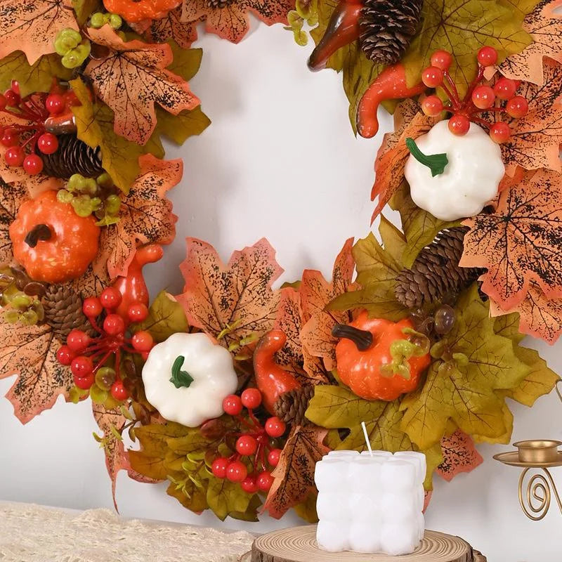 Thanksgiving Wreath with Berries, Pine Cones, Pumpkins & Maple Leaves