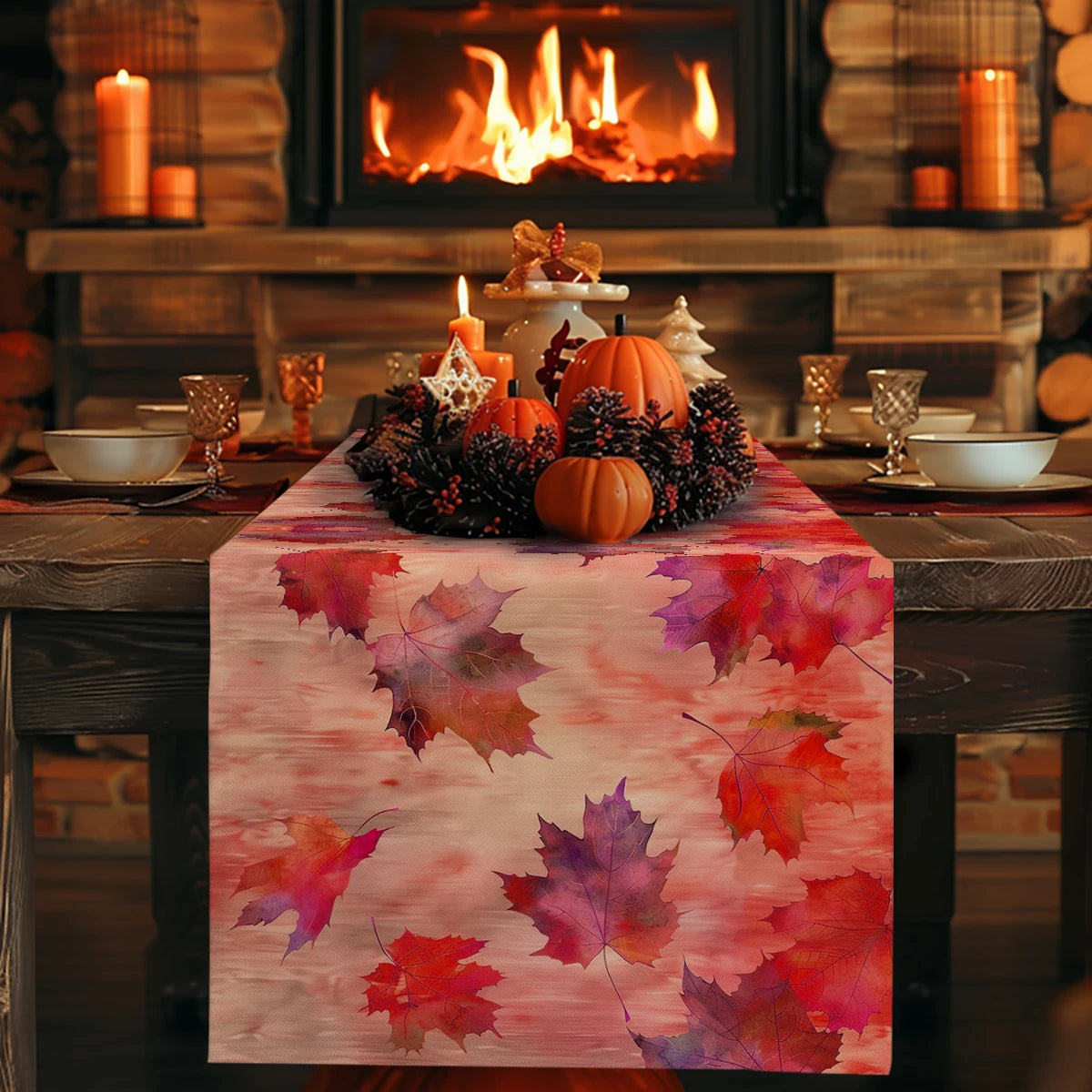 Autumn Maple Watercolor Table Runner