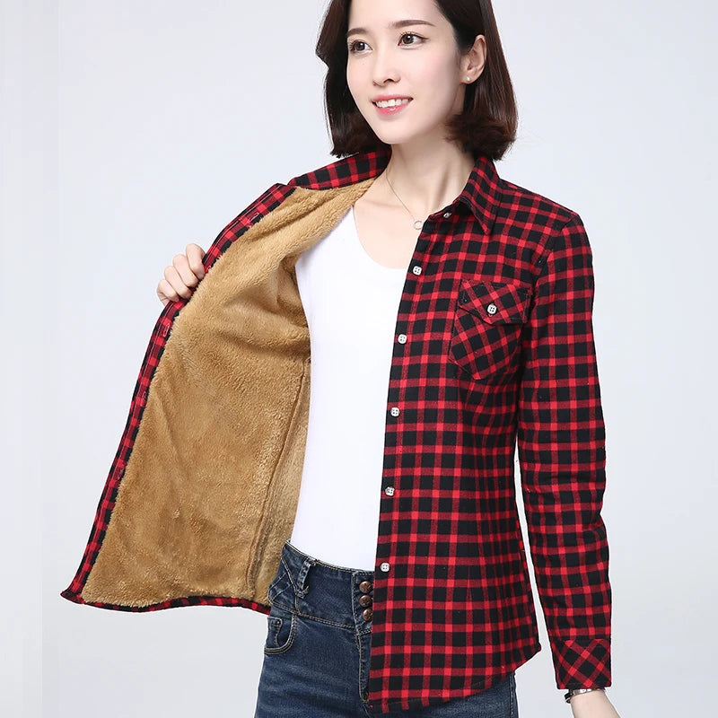 Women's Warm Fleece-Lined Plaid Shirt