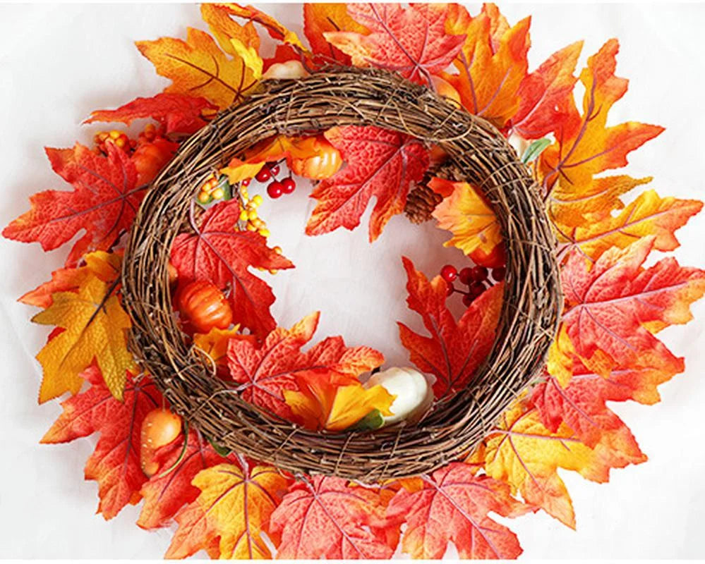 Thanksgiving Wreath with Berries, Pine Cones, Pumpkins & Maple Leaves