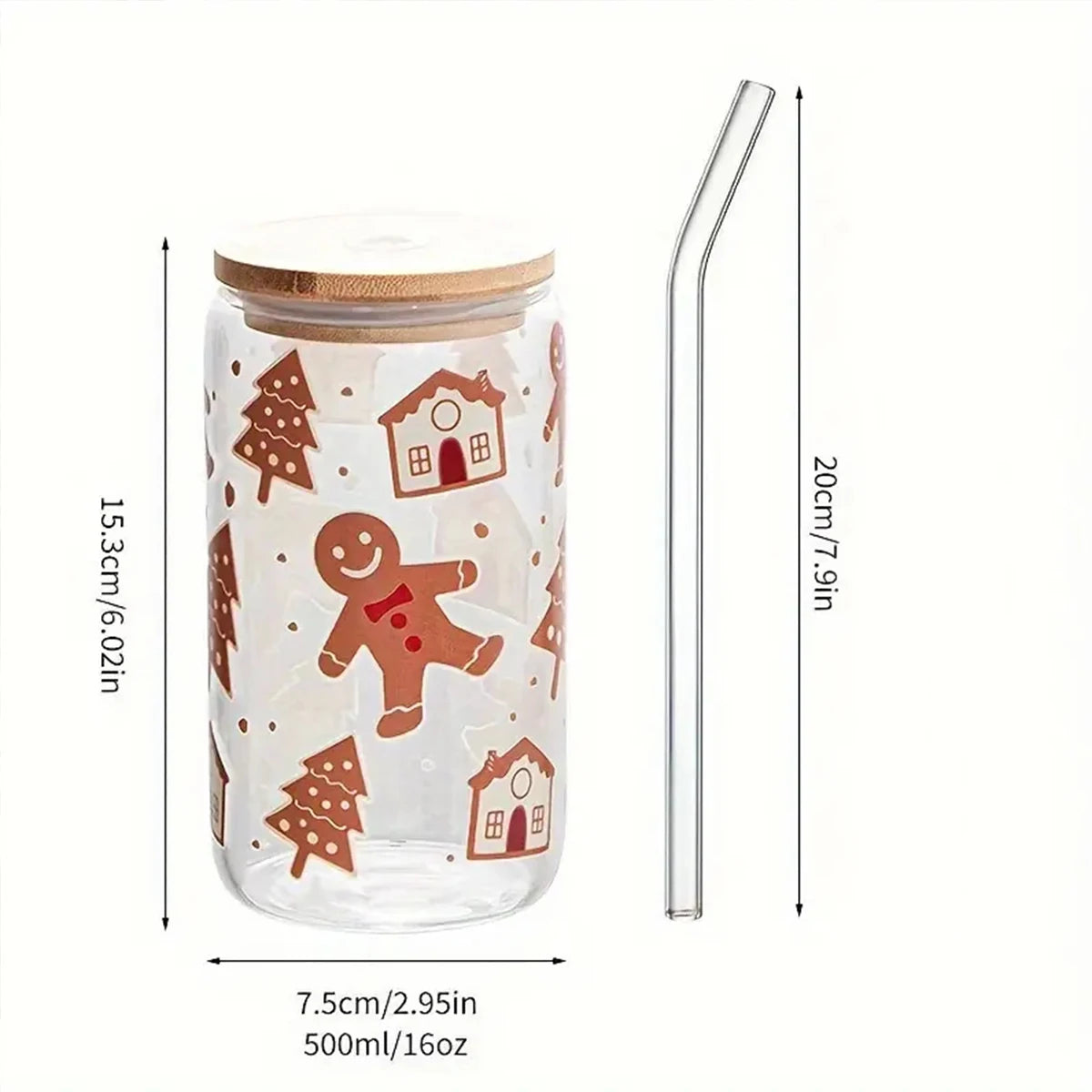 16oz Gingerbread Man Pattern Drinking Glass With Bamboo Lid