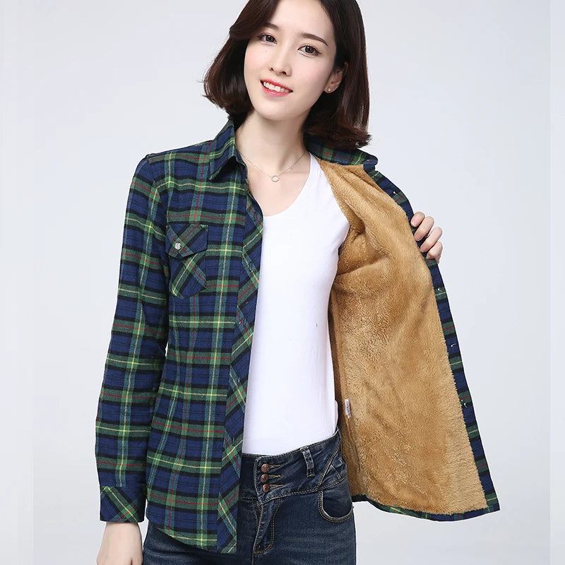 Women's Warm Fleece-Lined Plaid Shirt