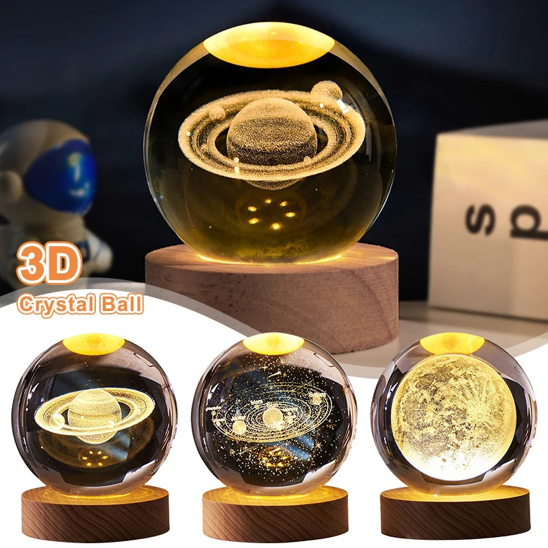 Luminous 3D Crystal Ball LED Night Light with Saturn, Moon, Galaxy or Solar System