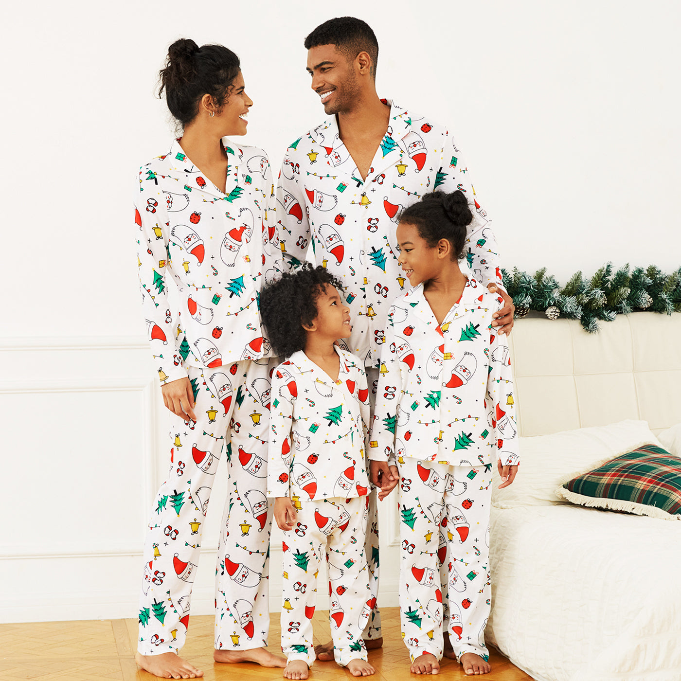 White Santa & Trees Family Matching Christmas Pajama Set