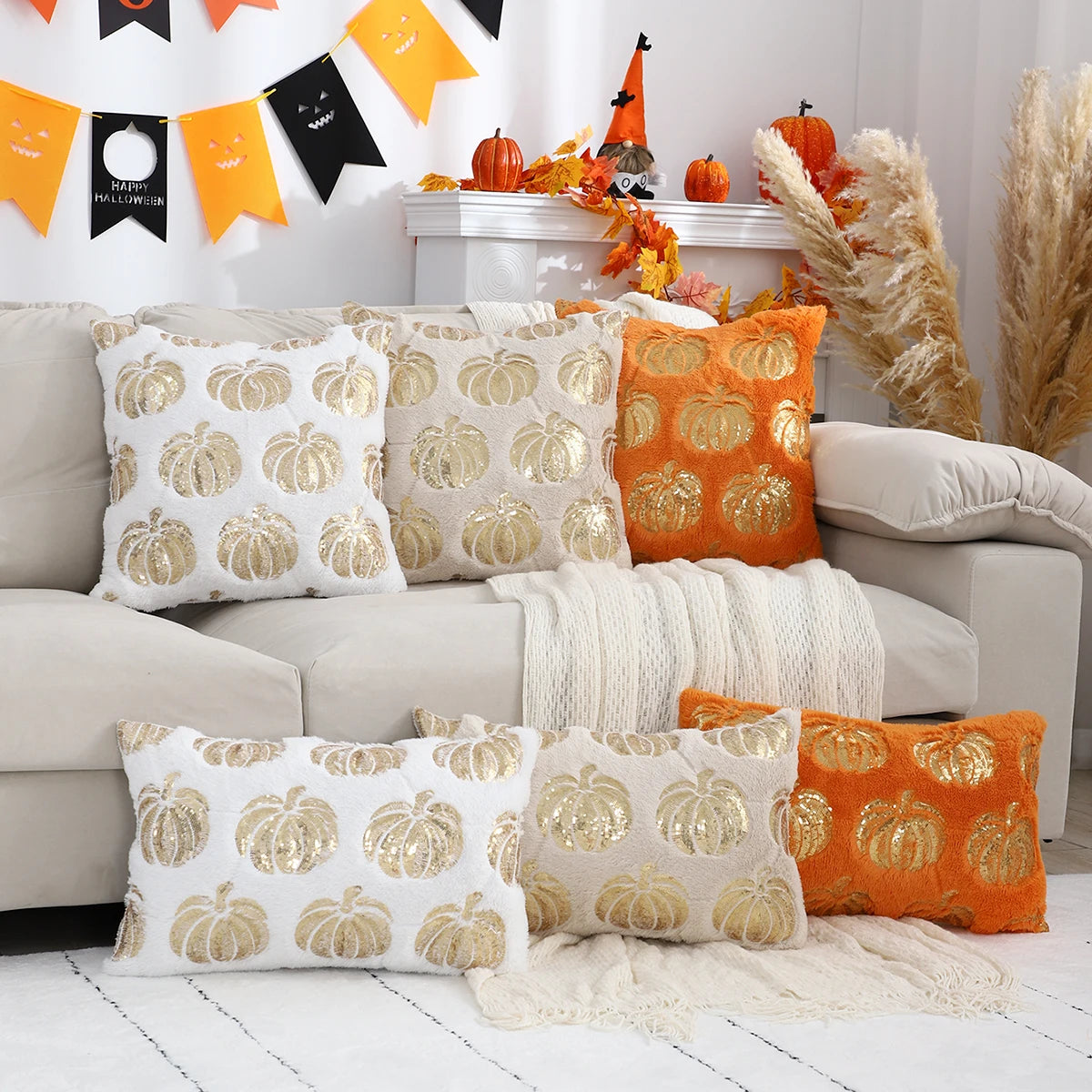 Embroidered Pumpkin Pillow Cover