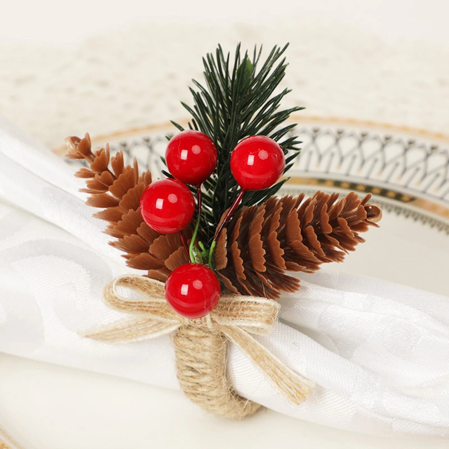 Napkin Rings- Christmas Holly Berries & Pinecones