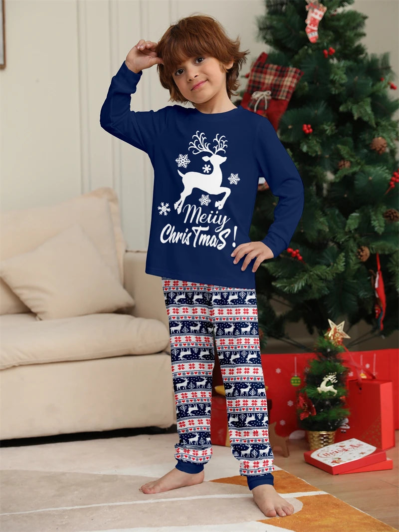 Blue and Red Reindeer Family Matching Christmas Pajama Sets