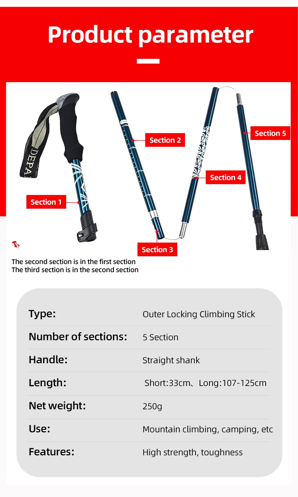 5 Section Foldable Trekking Pole Portable Hiking & Walking Stick