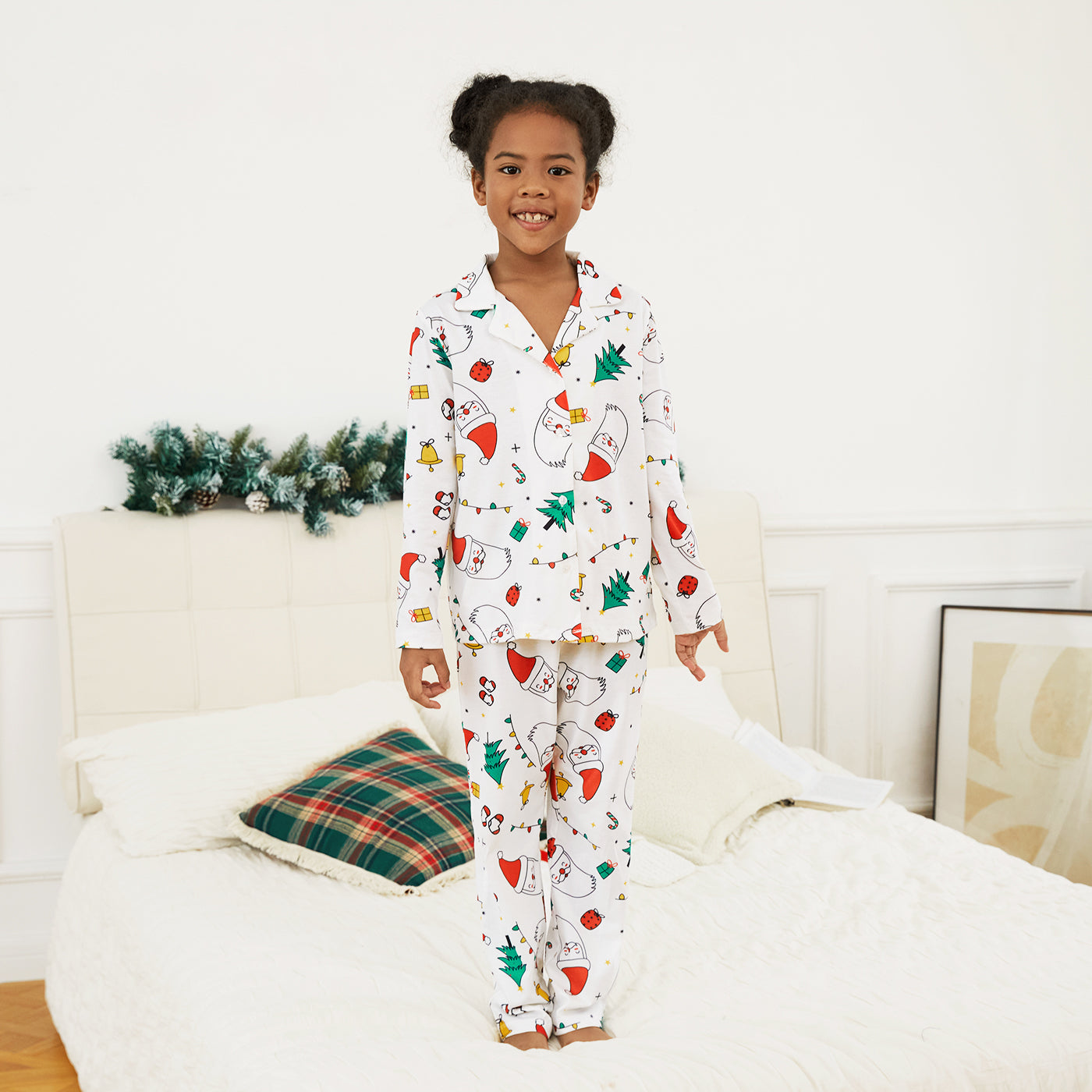 White Santa & Trees Family Matching Christmas Pajama Set