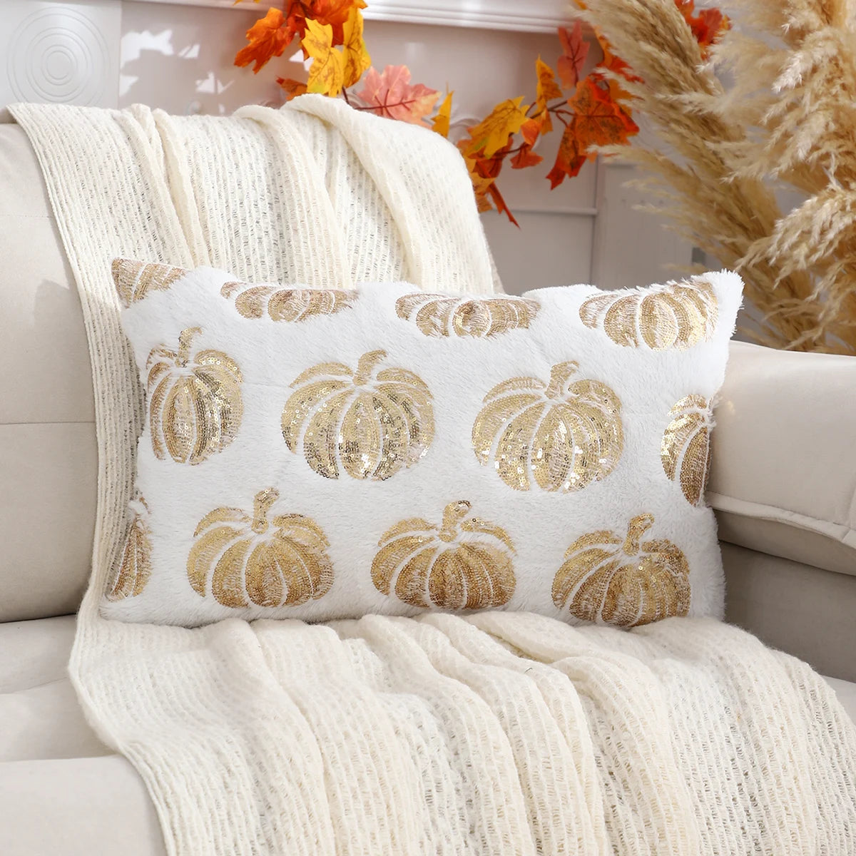 Embroidered Pumpkin Pillow Cover