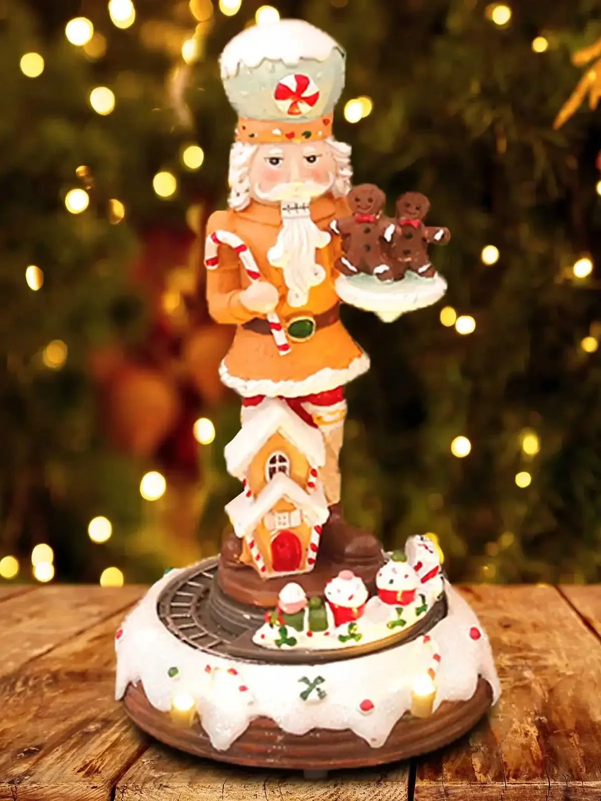 Gingerbread Nutcracker with Animated Rotating Train and LED Lights