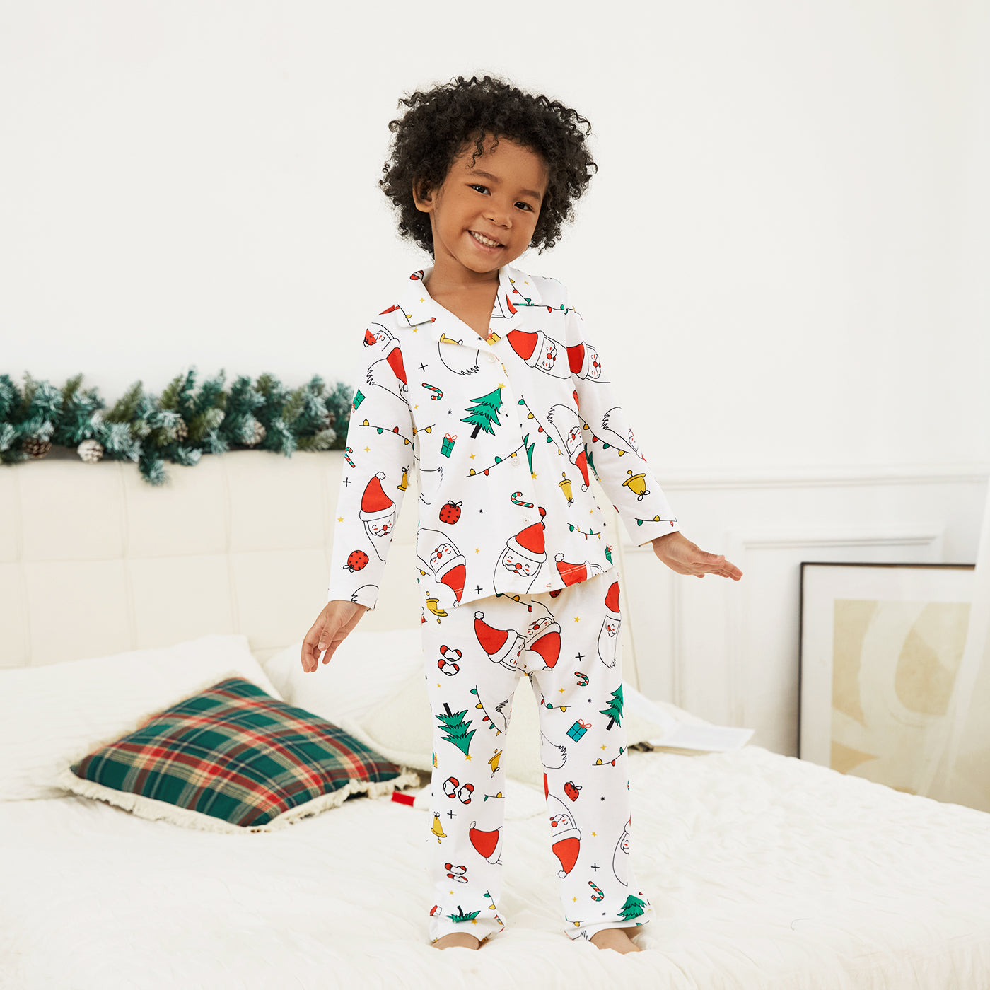 White Santa & Trees Family Matching Christmas Pajama Set