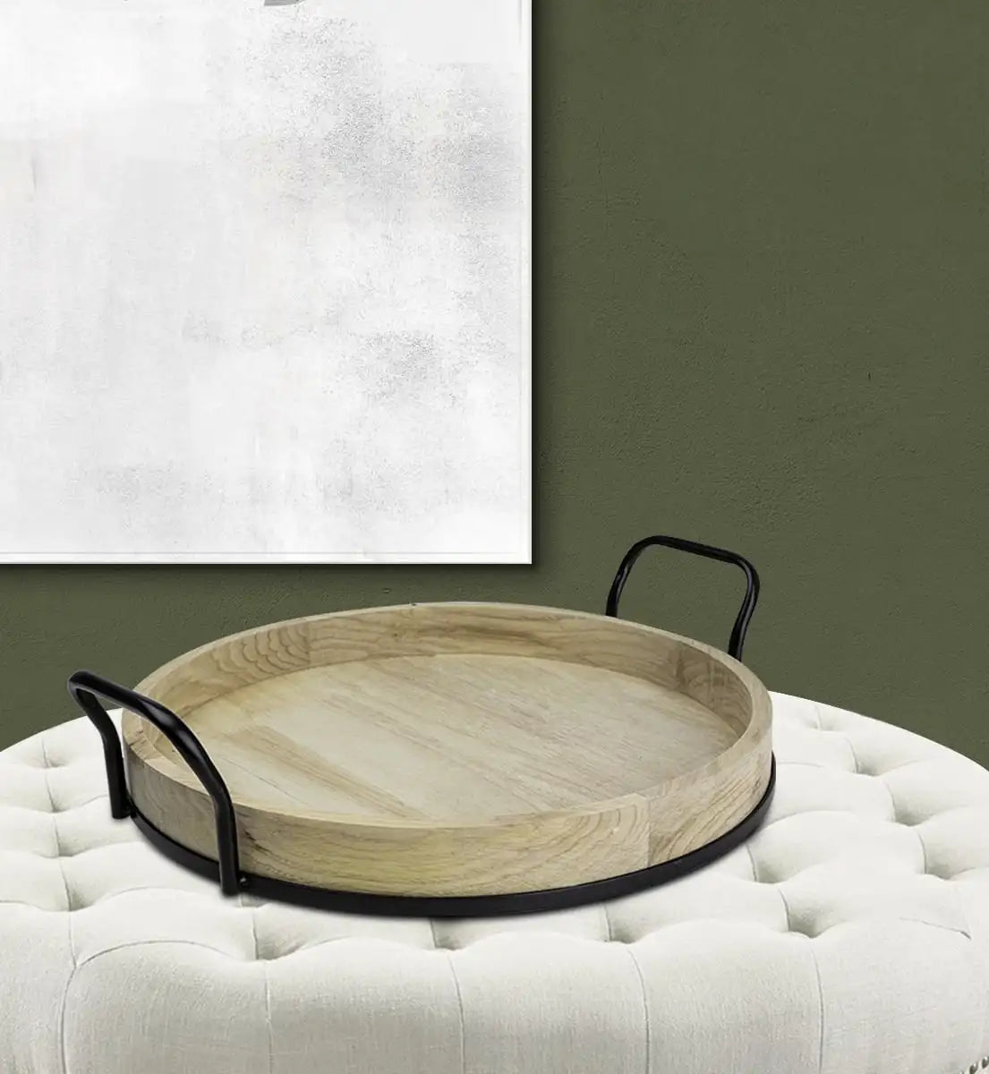 Round Light Wood and Metal Tray