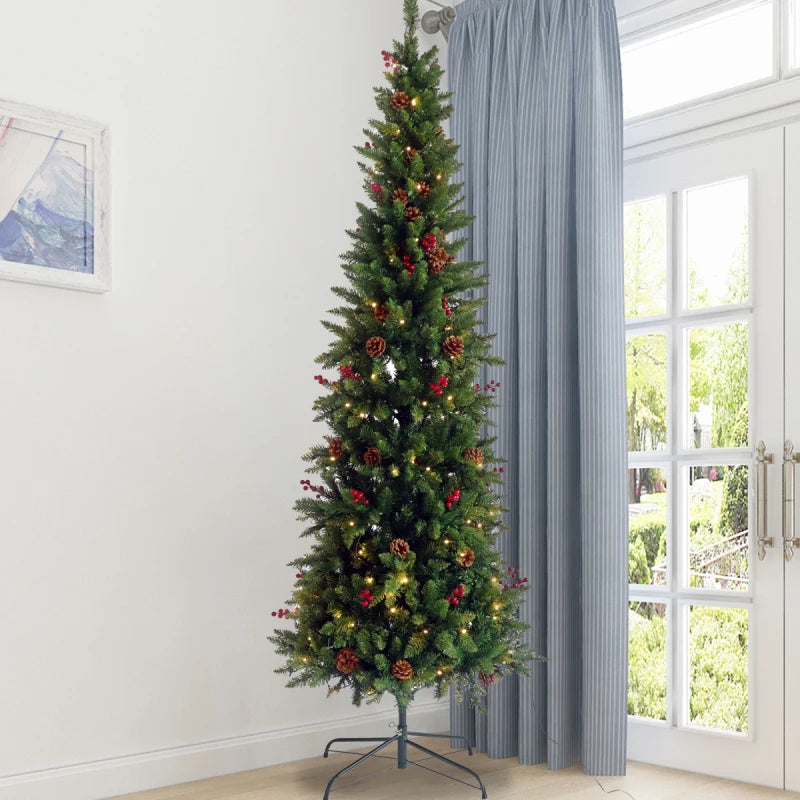 Christmas Tree 7.5 Pre-lit Pencil Slim  Fir Tree with Cones and Berries