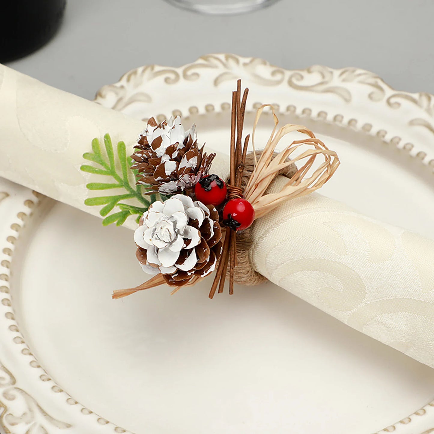 Napkin Rings- Christmas Holly Berries & Pinecones