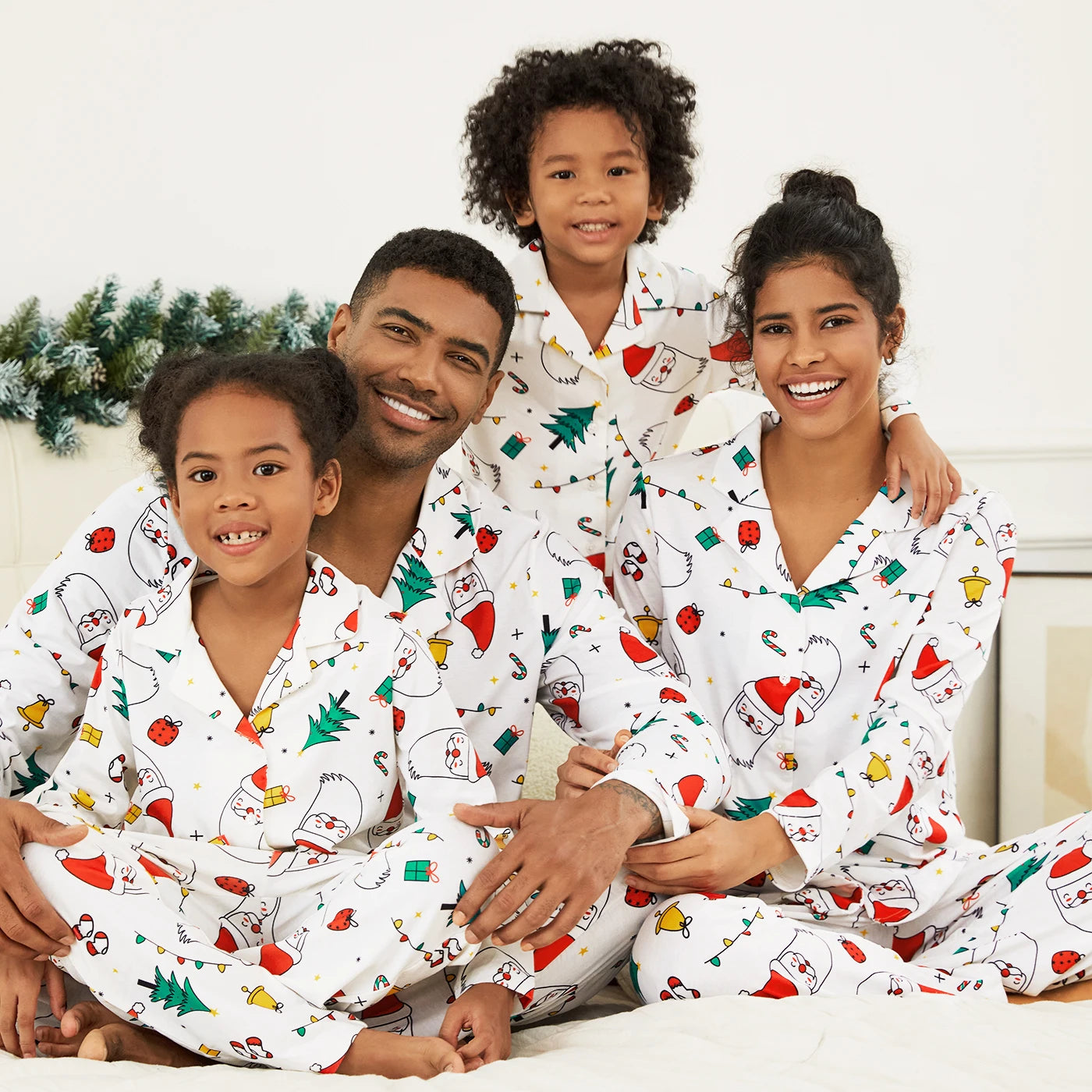 White Santa & Trees Family Matching Christmas Pajama Set