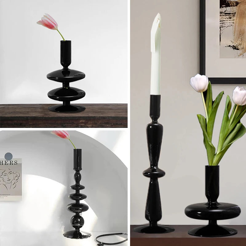 Black Glass Shapes Candle Holder