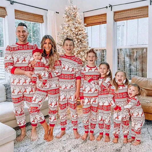 Red and Gray Reindeer Family Christmas Pajamas Set